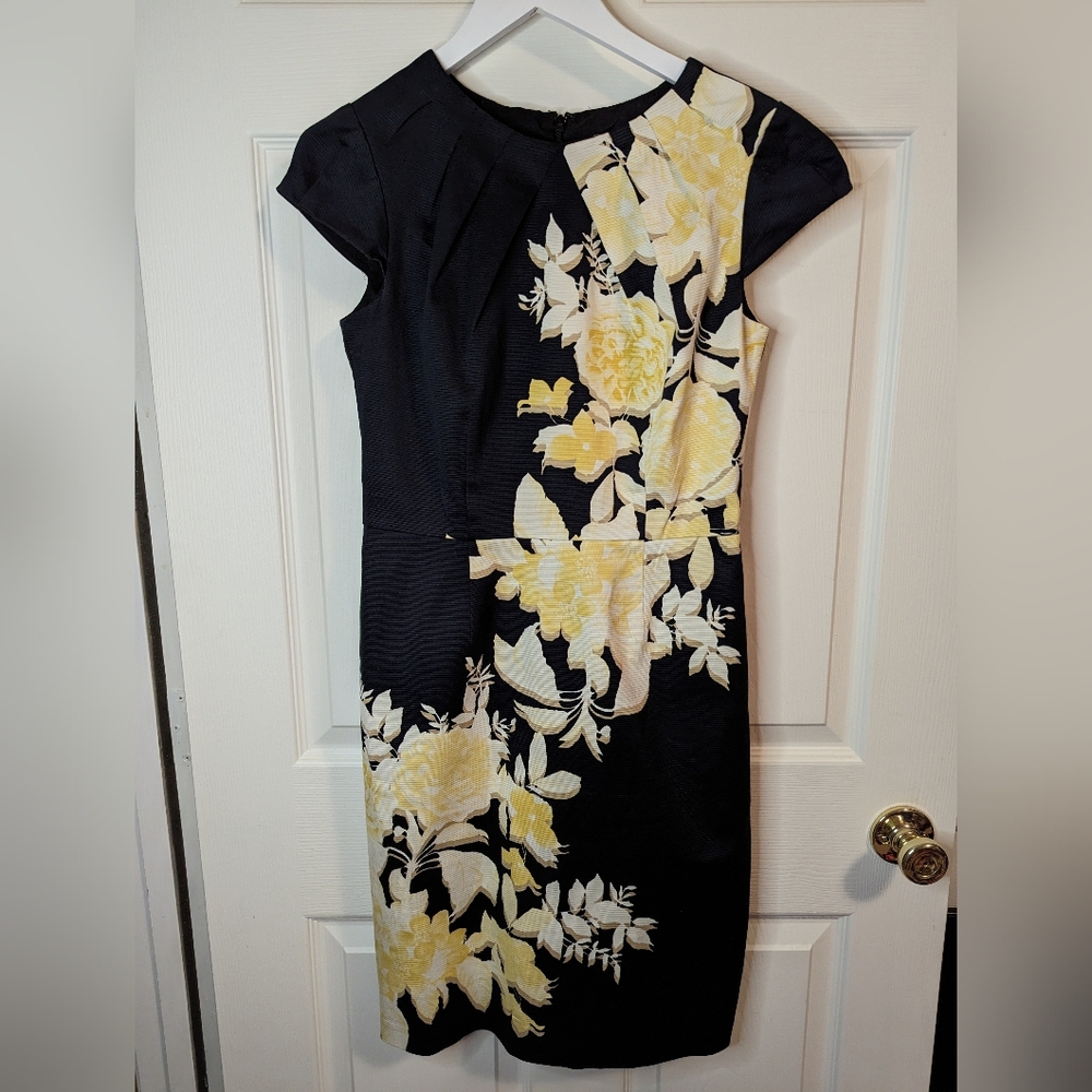 Chetta B black pencil dress with yellow flowers & cap sleeves size 4